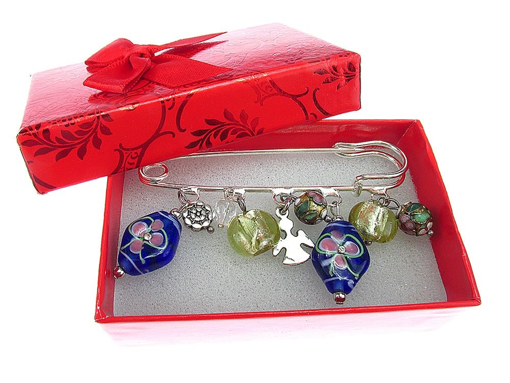 Brosa ac de siguranta supradimensionat cu margele Murano si cloisonne - GlamBazaar.ro