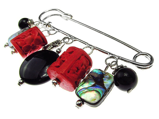 Brosa ac de siguranta supradimensionat cu onix, scoica paua, cinabru - GlamBazaar.ro