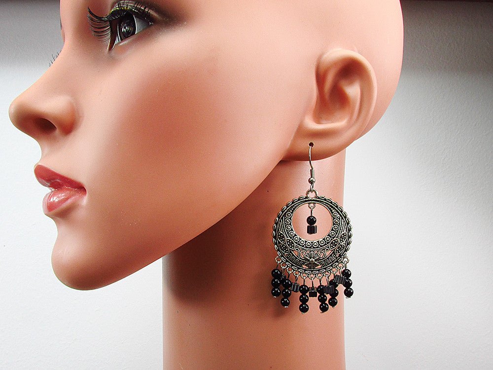 Cercei candelabru India cu onix si hematit - GlamBazaar.ro