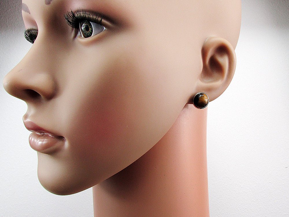 Cercei clips inox cu piatra naturala Ochi de tigru 10 MM - GlamBazaar.ro