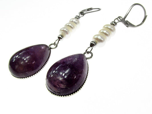 Cercei inox cu ametist si perle de cultura - GlamBazaar.ro