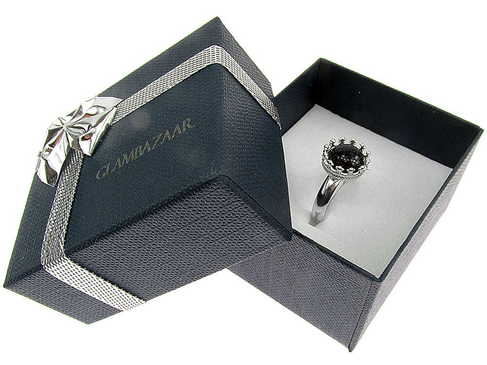 Inel argint reglabil coroana cu Piatra Soarelui albastra 8 MM - GlamBazaar.ro