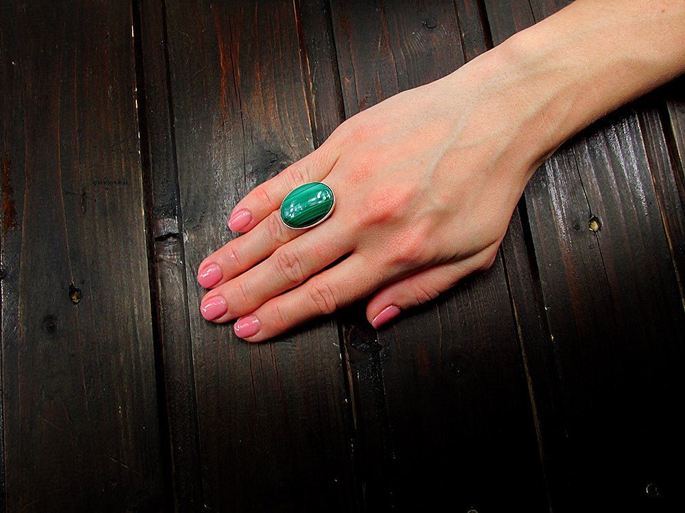 Inel argint reglabil masiv cu malachit natural 25x18 MM - GlamBazaar.ro