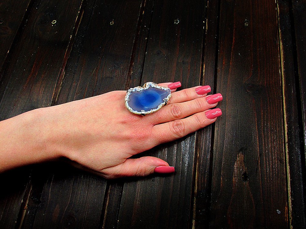 Inel reglabil statement masiv cu agat albastru natural 2A - GlamBazaar.ro