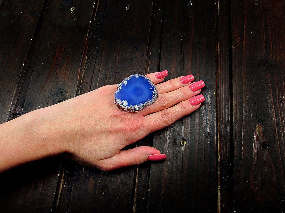 Inel reglabil statement masiv cu agat albastru natural 5A - GlamBazaar.ro