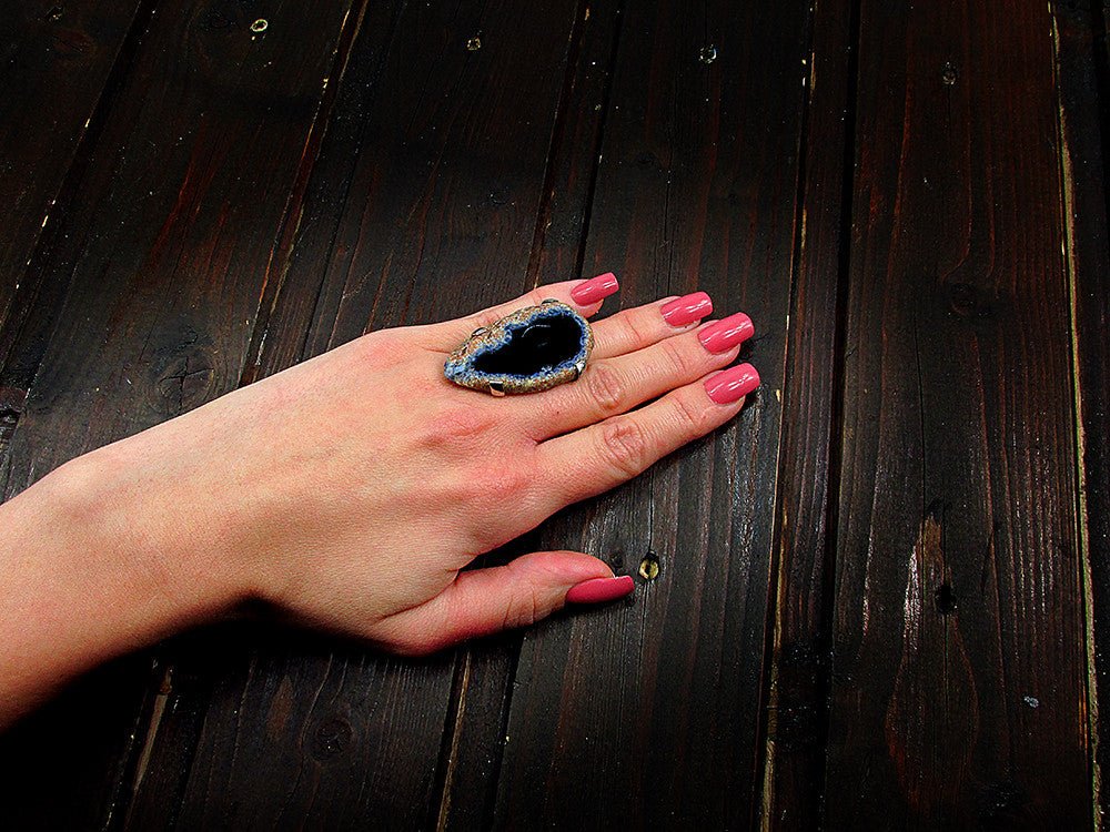 Inel reglabil statement masiv cu agat negru natural 6A - GlamBazaar.ro