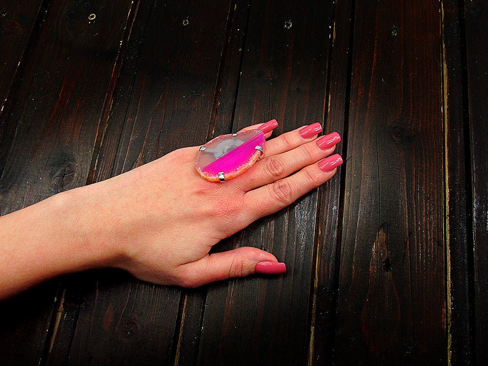Inel reglabil statement masiv cu agat roz natural 6A - GlamBazaar.ro