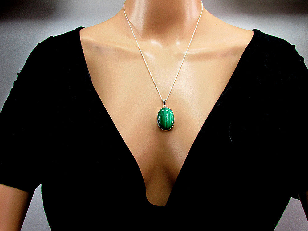 Pandantiv argint mare cu malachit natural 25x18 MM