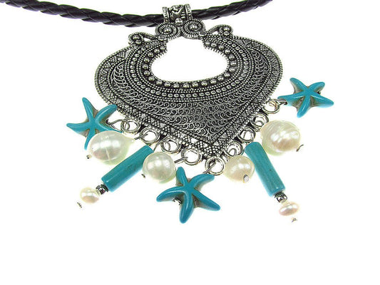 Pandantiv retro Heart cu perle de cultura si turcoaze - GlamBazaar.ro