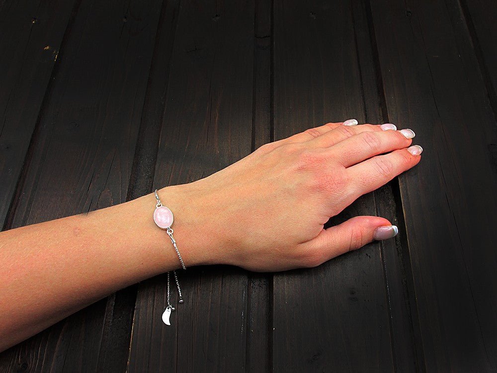 Bratara argint reglabila cu cuart roz oval 14x10 MM - GlamBazaar.ro