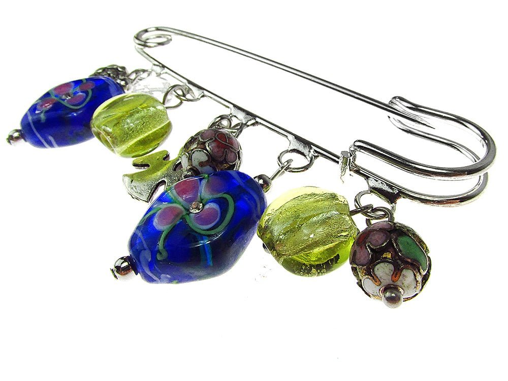 Brosa ac de siguranta supradimensionat cu margele Murano si cloisonne - GlamBazaar.ro