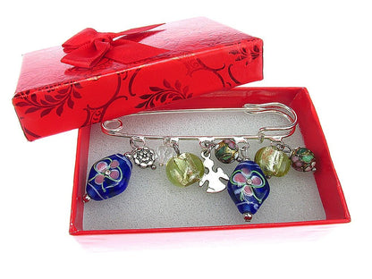 Brosa ac de siguranta supradimensionat cu margele Murano si cloisonne - GlamBazaar.ro