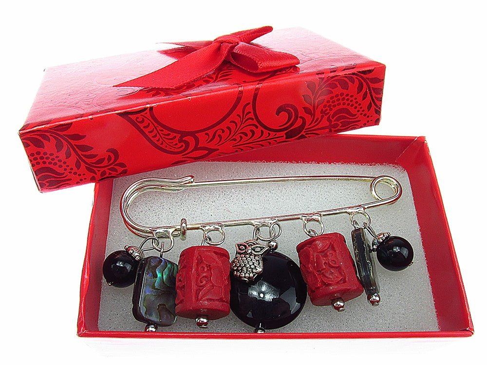 Brosa ac de siguranta supradimensionat cu onix, scoica paua, cinabru - GlamBazaar.ro