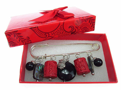 Brosa ac de siguranta supradimensionat cu onix, scoica paua, cinabru - GlamBazaar.ro