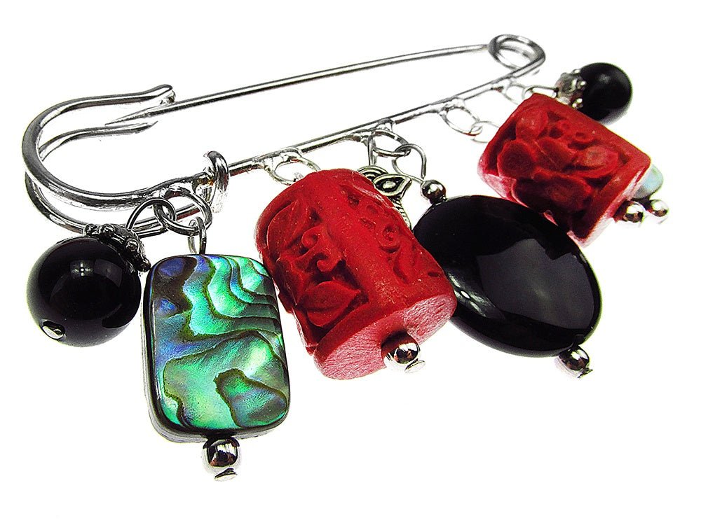 Brosa ac de siguranta supradimensionat cu onix, scoica paua, cinabru - GlamBazaar.ro