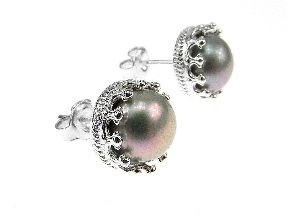 Cercei argint coroana perle de cultura gri 8 MM - GlamBazaar.ro