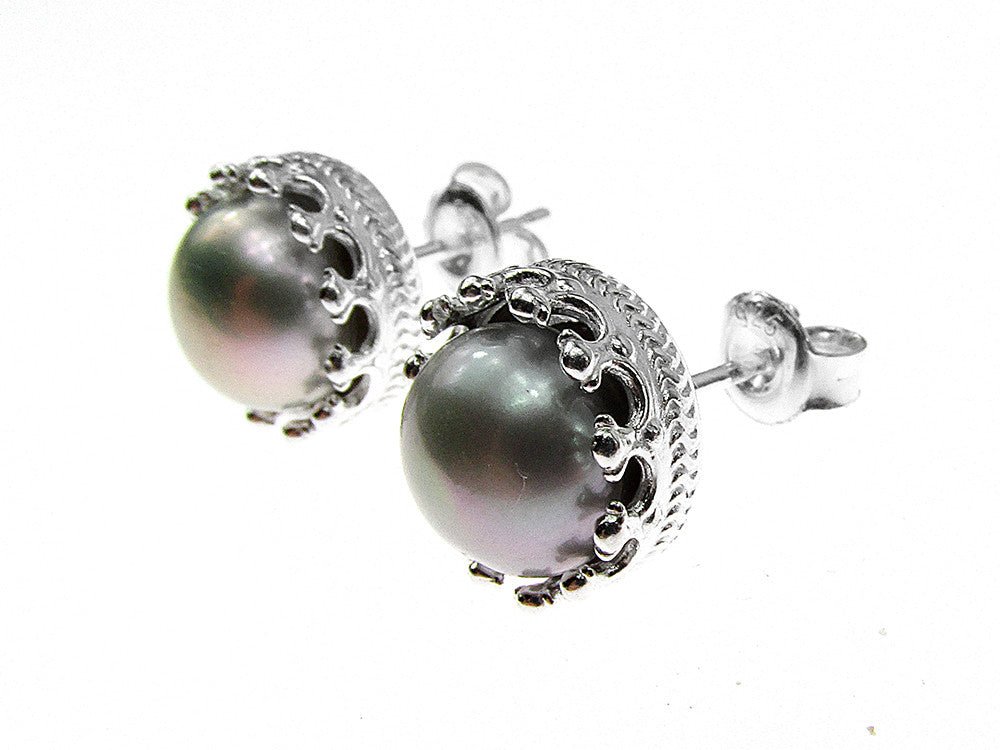 Cercei argint coroana perle de cultura gri 8 MM - GlamBazaar.ro