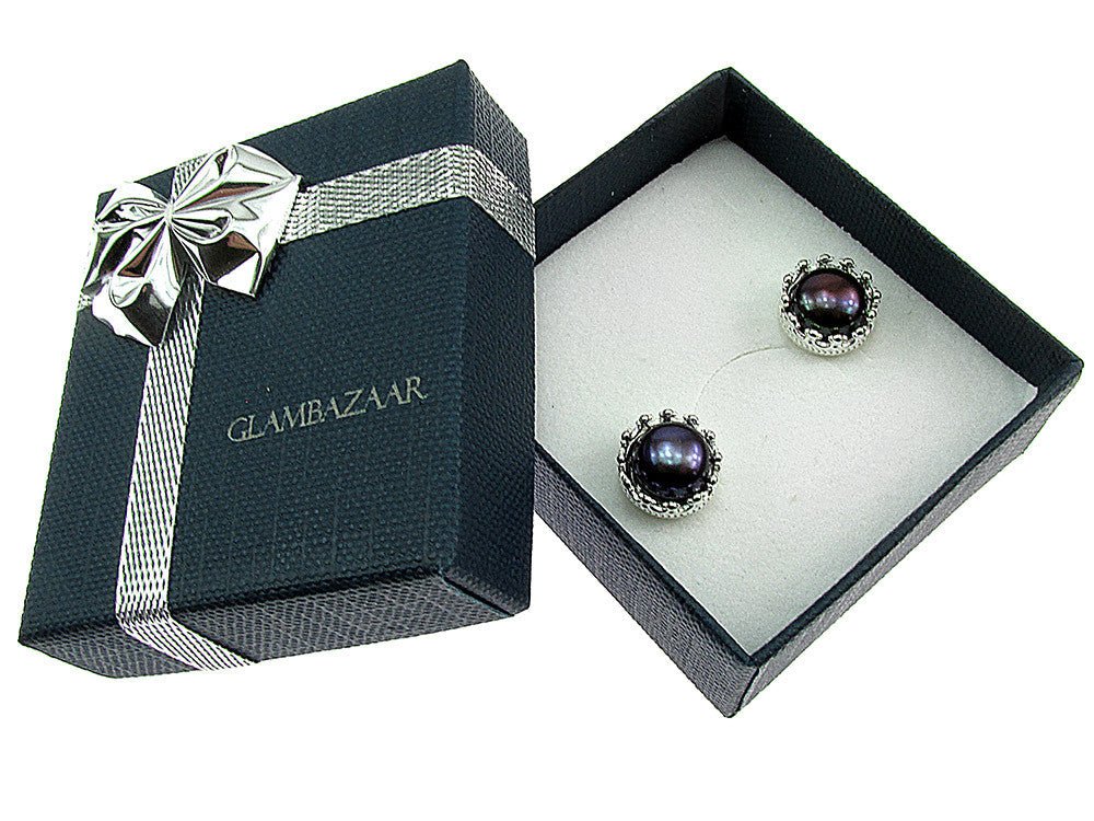 Cercei argint coroana perle de cultura negre 8 MM - GlamBazaar.ro