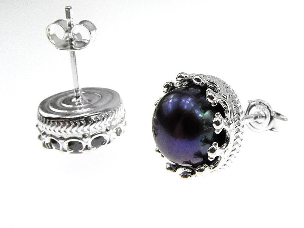 Cercei argint coroana perle de cultura negre 8 MM - GlamBazaar.ro