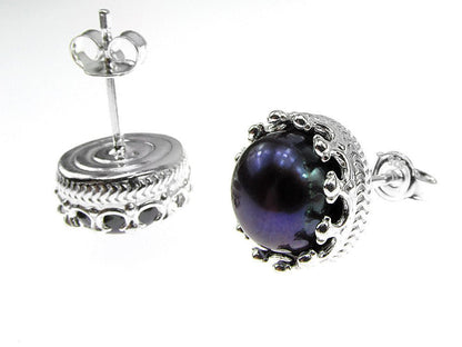 Cercei argint coroana perle de cultura negre 8 MM - GlamBazaar.ro