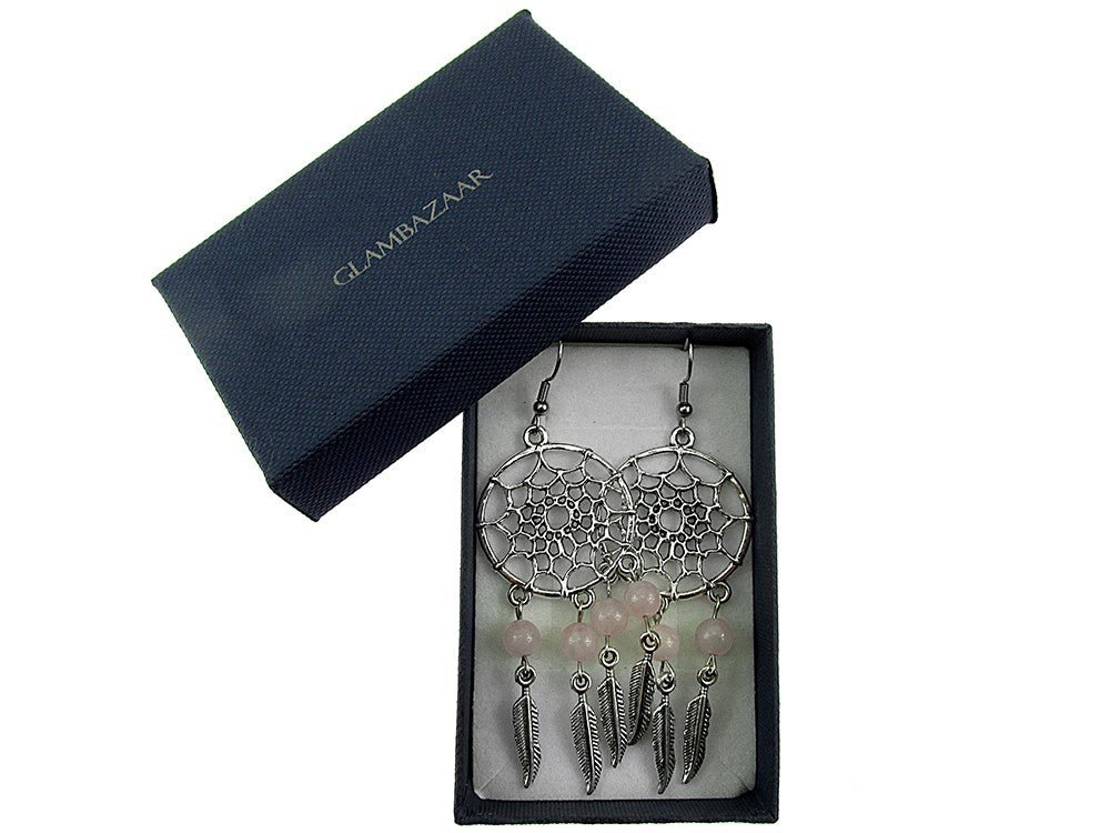 Cercei candelabru Dreamcatcher cu cuart roz natural - GlamBazaar.ro