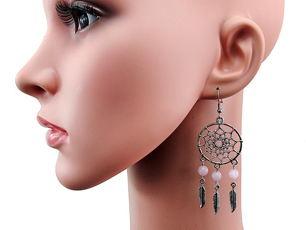 Cercei candelabru Dreamcatcher cu cuart roz natural - GlamBazaar.ro