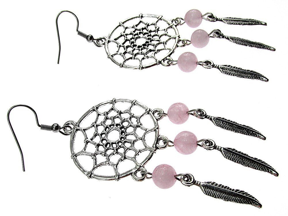 Cercei candelabru Dreamcatcher cu cuart roz natural - GlamBazaar.ro