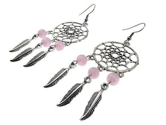 Cercei candelabru Dreamcatcher cu cuart roz natural - GlamBazaar.ro