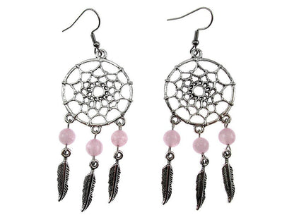 Cercei candelabru Dreamcatcher cu cuart roz natural - GlamBazaar.ro