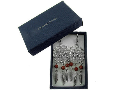 Cercei candelabru Dreamcatcher cu Piatra Soarelui maro - GlamBazaar.ro