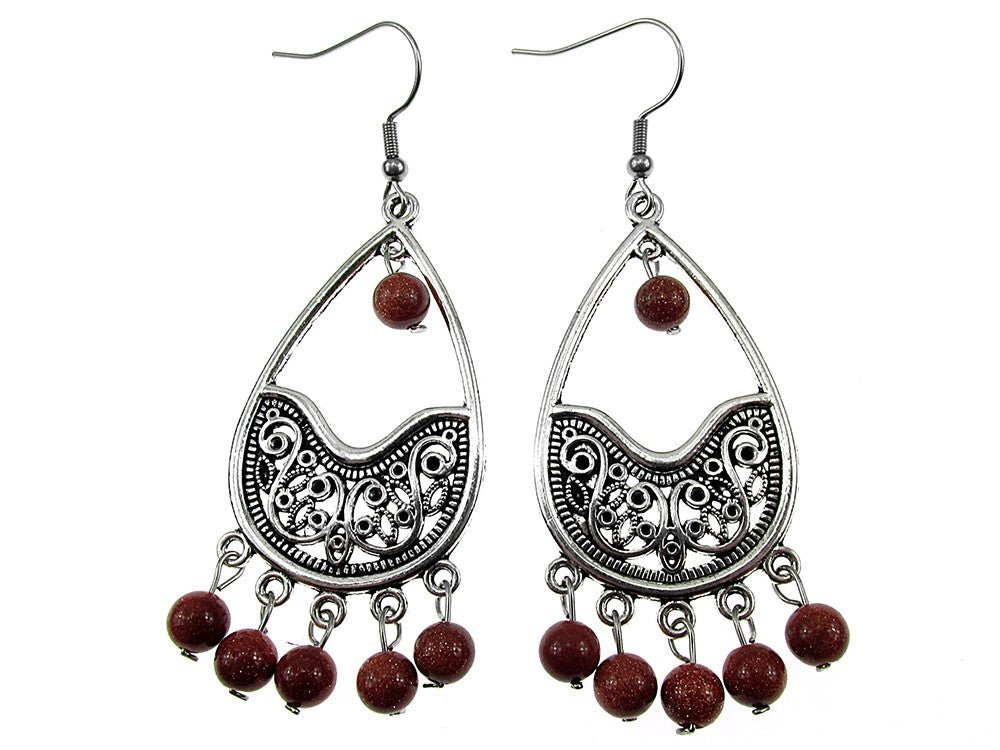 Cercei candelabru filigran lacrima cu Piatra Soarelui maro - GlamBazaar.ro