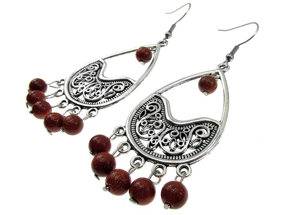 Cercei candelabru filigran lacrima cu Piatra Soarelui maro - GlamBazaar.ro