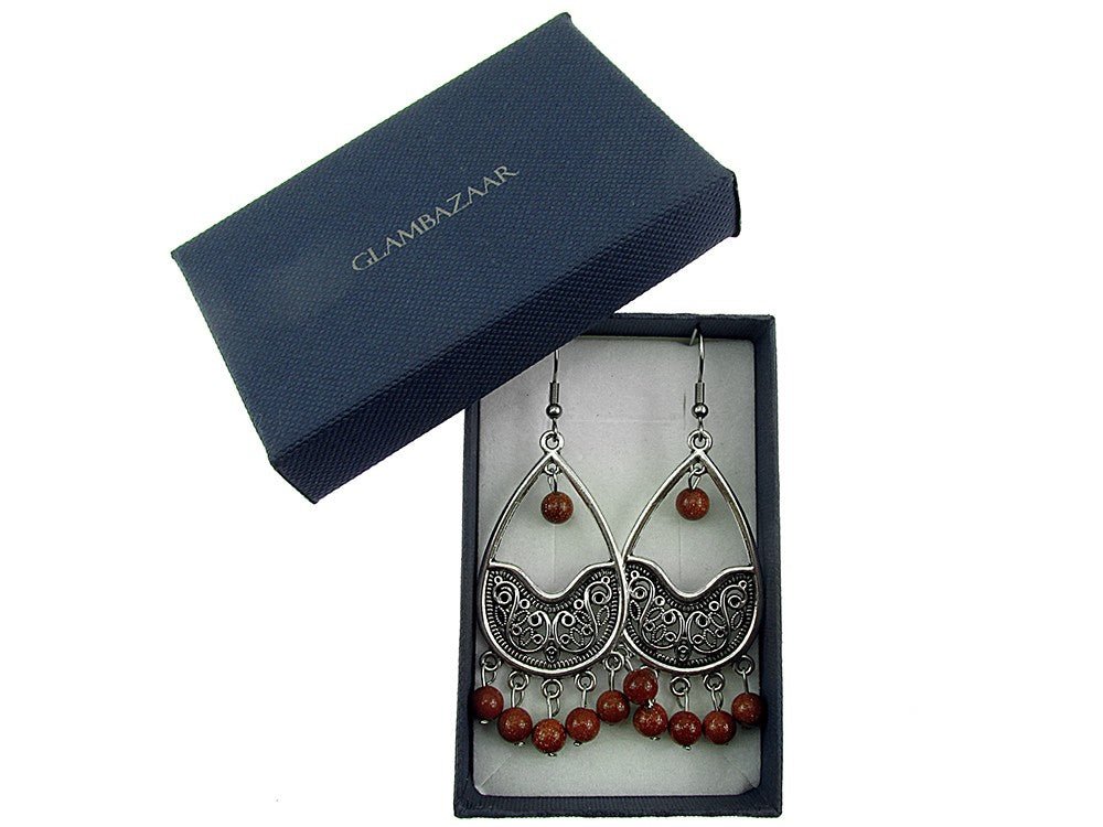 Cercei candelabru filigran lacrima cu Piatra Soarelui maro - GlamBazaar.ro