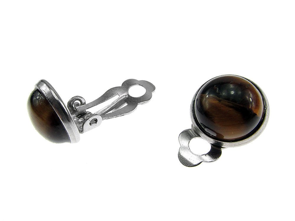 Cercei clips inox cu piatra naturala Ochi de tigru 10 MM - GlamBazaar.ro