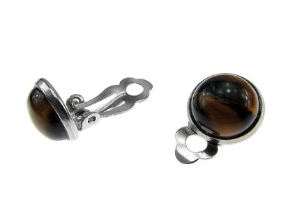 Cercei clips inox cu piatra naturala Ochi de tigru 10 MM - GlamBazaar.ro