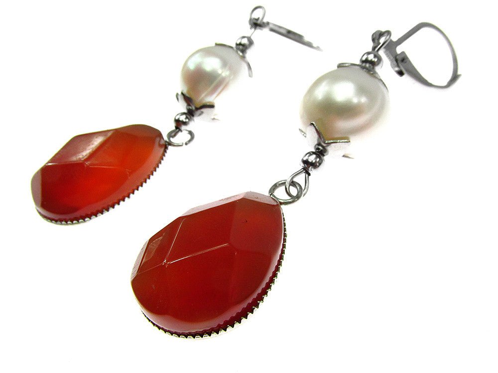 Cercei inox carneol fatetat si perle de cultura - GlamBazaar.ro