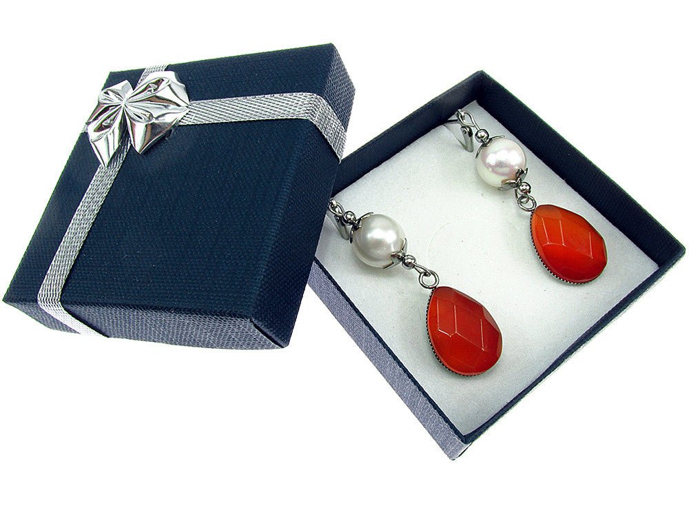 Cercei inox carneol fatetat si perle de cultura - GlamBazaar.ro