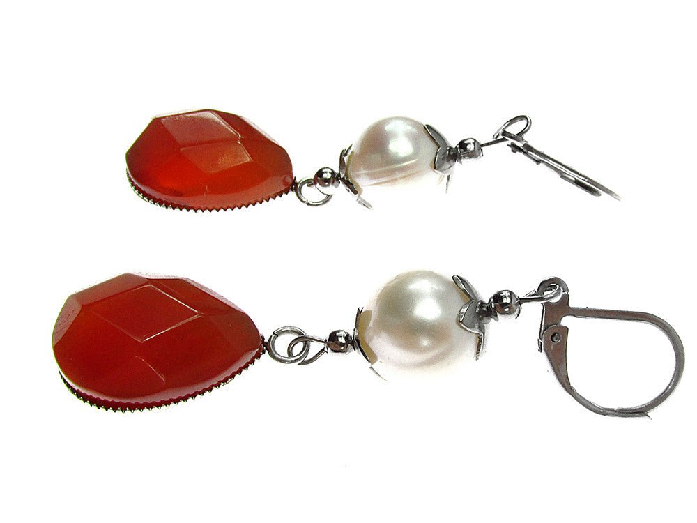 Cercei inox carneol fatetat si perle de cultura - GlamBazaar.ro