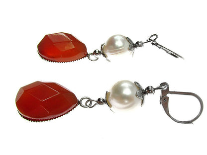 Cercei inox carneol fatetat si perle de cultura - GlamBazaar.ro