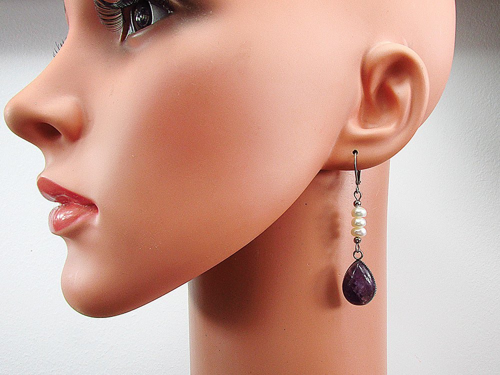 Cercei inox cu ametist si perle de cultura - GlamBazaar.ro