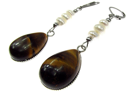 Cercei inox cu ochi de tigru si perle de cultura - GlamBazaar.ro