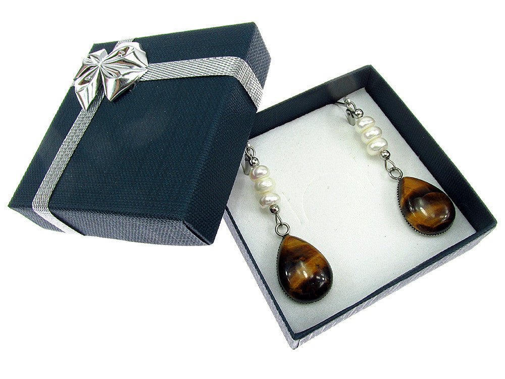 Cercei inox cu ochi de tigru si perle de cultura - GlamBazaar.ro