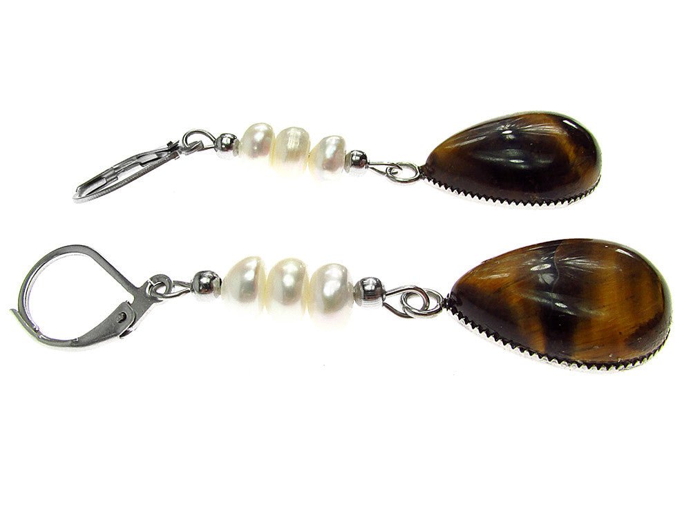 Cercei inox cu ochi de tigru si perle de cultura - GlamBazaar.ro