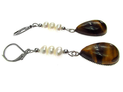 Cercei inox cu ochi de tigru si perle de cultura - GlamBazaar.ro