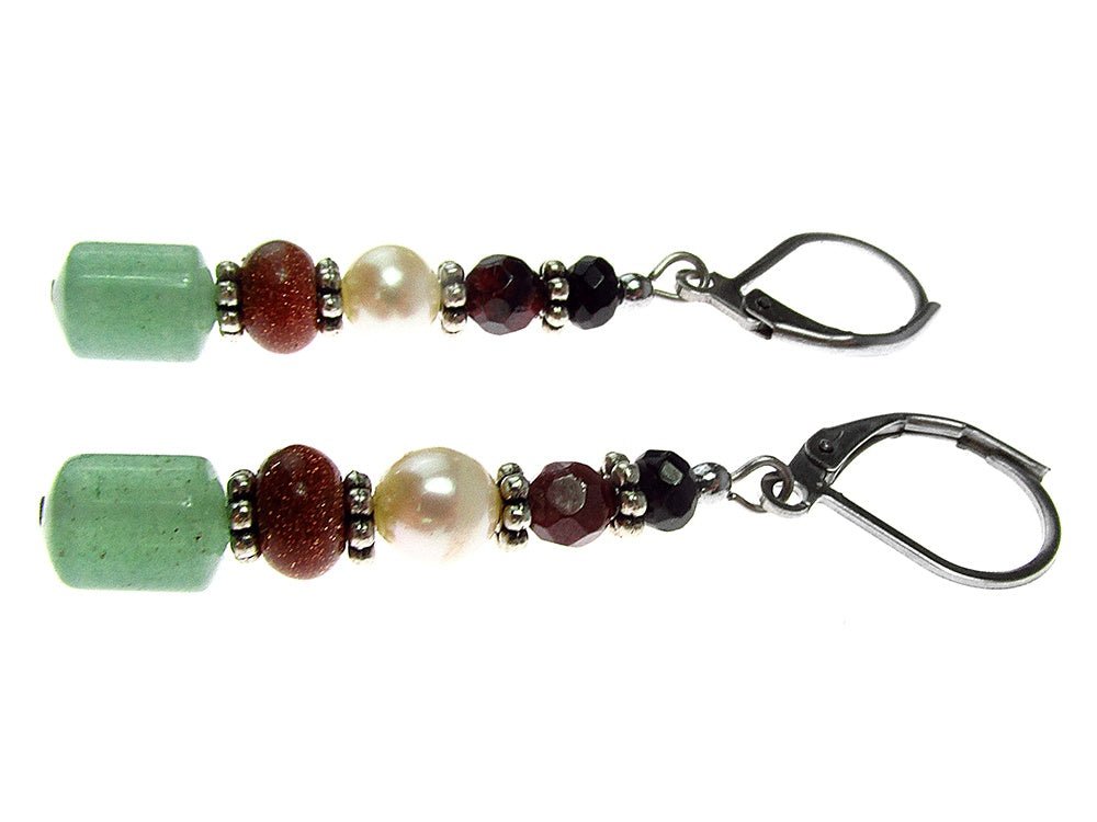 Cercei lungi mix aventurin, piatra soarelui, perla, granat - GlamBazaar.ro