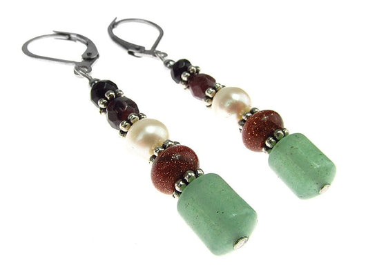 Cercei lungi mix aventurin, piatra soarelui, perla, granat - GlamBazaar.ro
