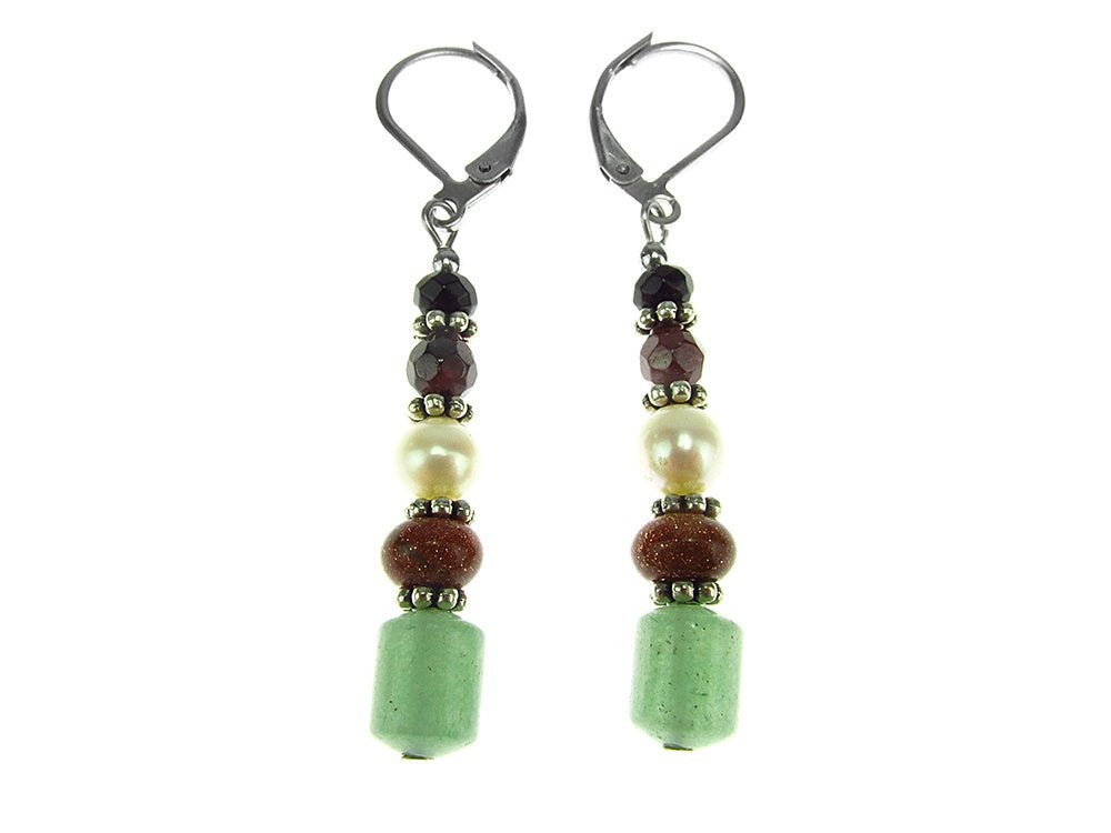 Cercei lungi mix aventurin, piatra soarelui, perla, granat - GlamBazaar.ro