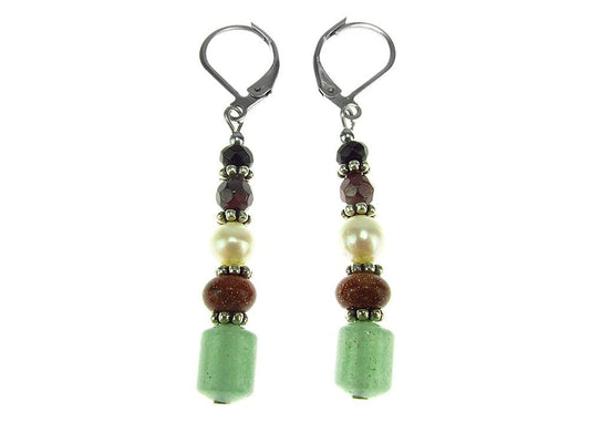 Cercei lungi mix aventurin, piatra soarelui, perla, granat - GlamBazaar.ro