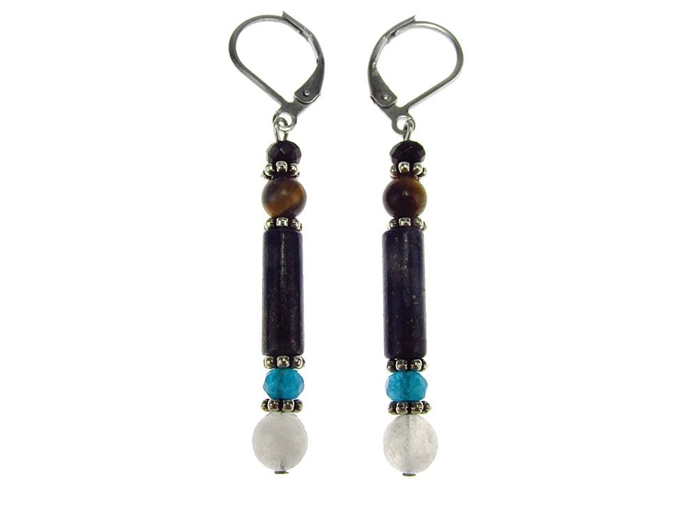 Cercei lungi mix lapis lazuli, piatra lunii, ochi de tigru - GlamBazaar.ro