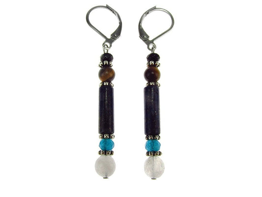 Cercei lungi mix lapis lazuli, piatra lunii, ochi de tigru - GlamBazaar.ro